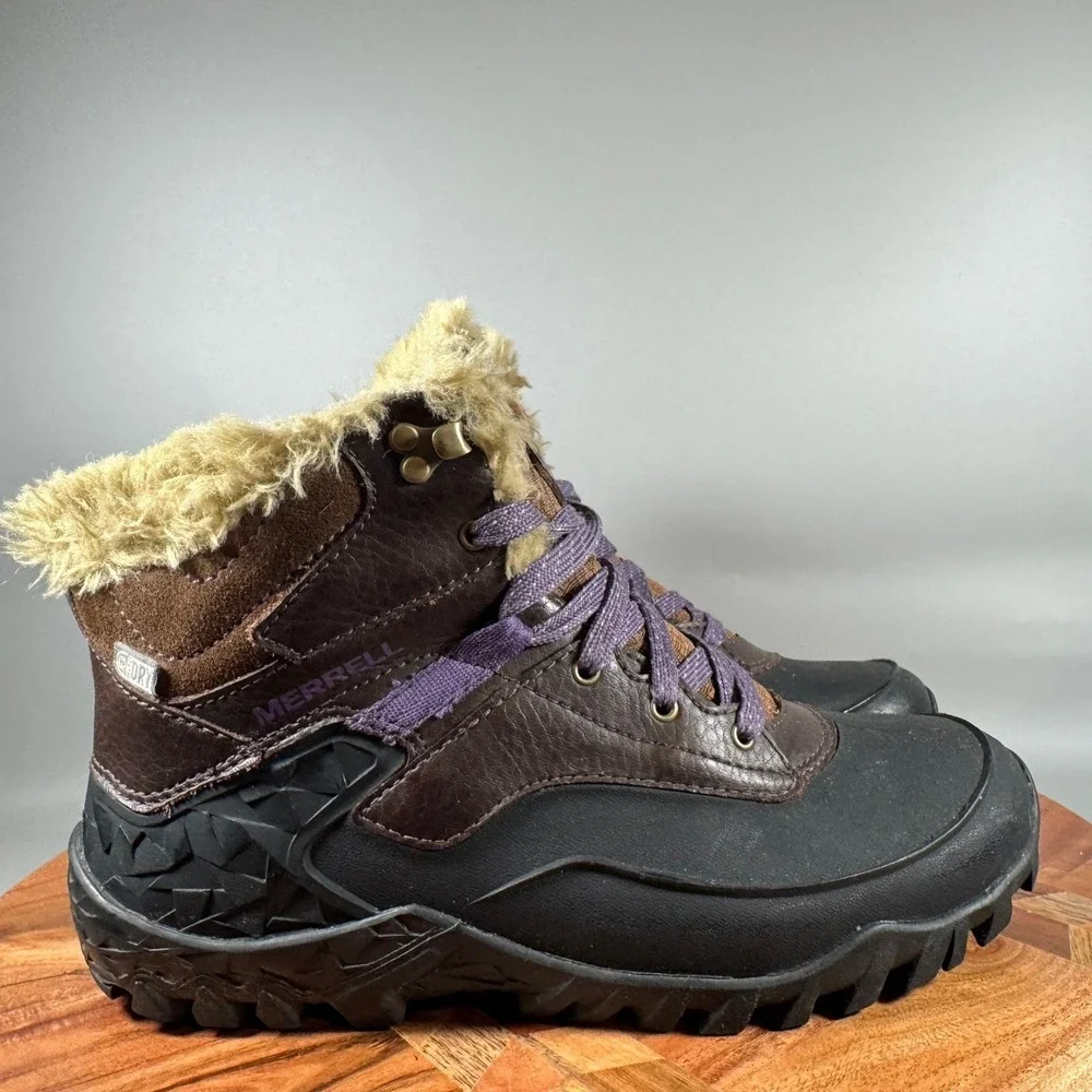 Merrell J32742 Womens Chocolate Brown Waterproof Faux Fur Winter Boots Size 6